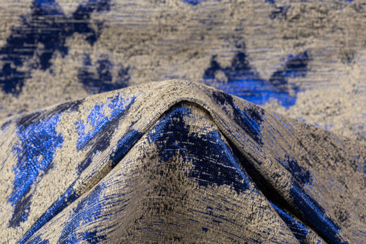 Abstract Metallic Italian Chenille Brocade - Taupe / Blue