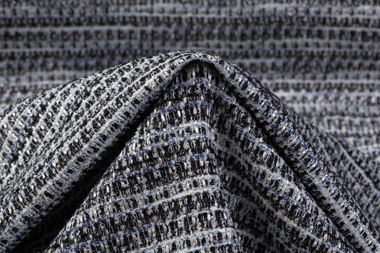 Metallic Italian Cotton Viscose Blend Tweed - Blue / White / Black / Silver