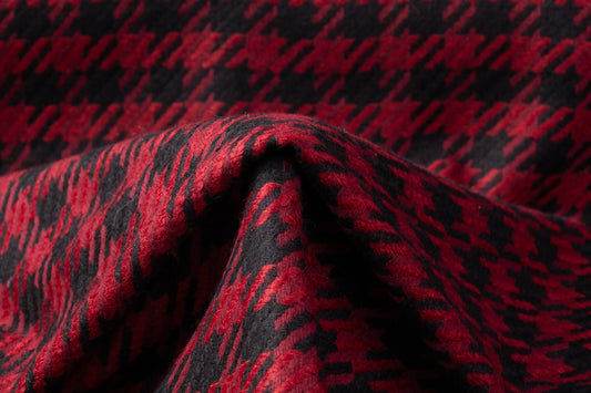 Houndstooth Wool Blend Tweed Coating - Maroon / Black