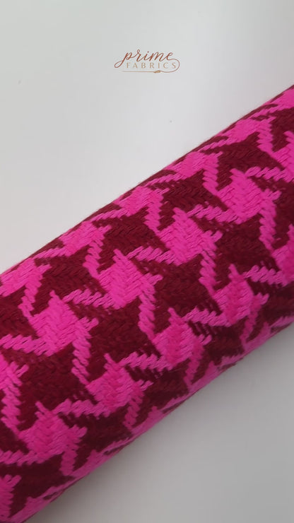 Houndstooth Wool Mohair Tweed Coating - Pink / Maroon