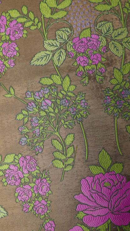 Floral Wool Blend Italian Brocade - Antique Gold / Pink / Green