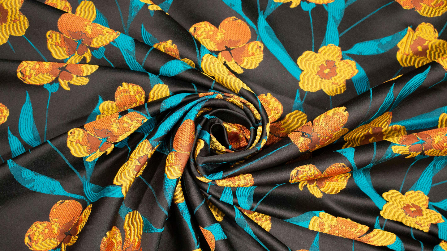 Teal and Yellow Floral Brocade - Prime Fabrics