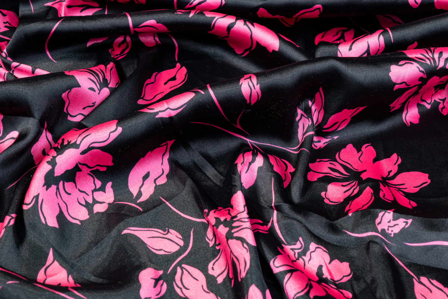 Floral Polyester Charmeuse - Pink and Black