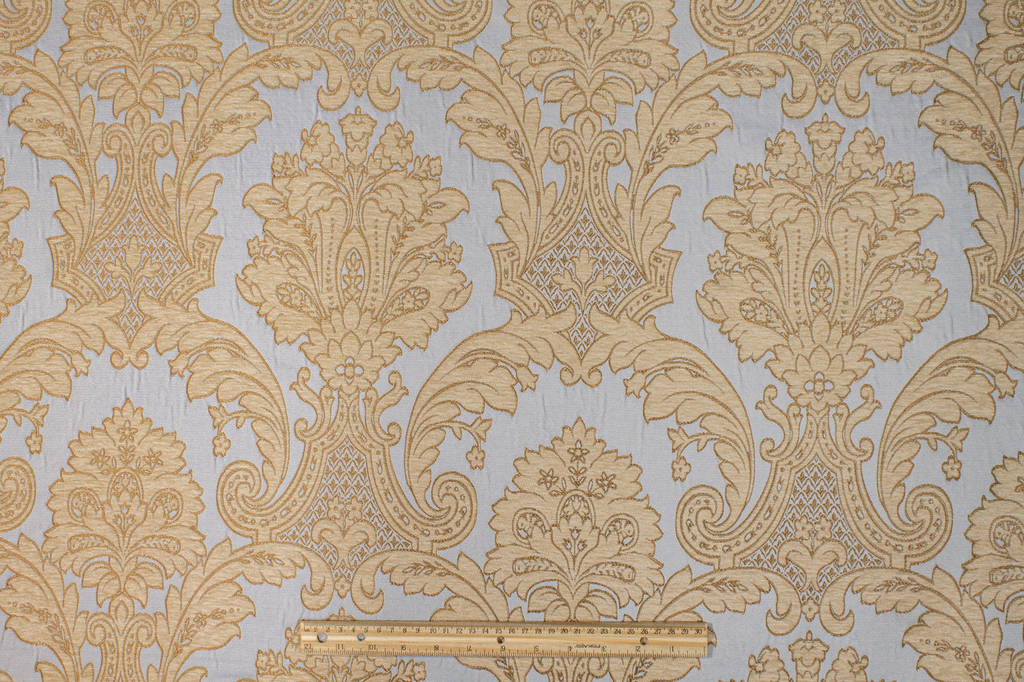 Damask Cut Velvet Upholstery - Blue and Gold - Prime Fabrics