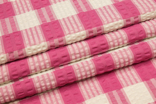 Textured Checked Cotton - Pink and Off White - Prime Fabrics