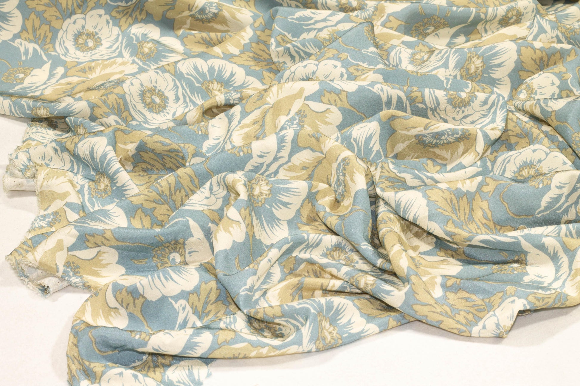 Khaki Green and Blue Floral Silk Crepe De Chine - Prime Fabrics