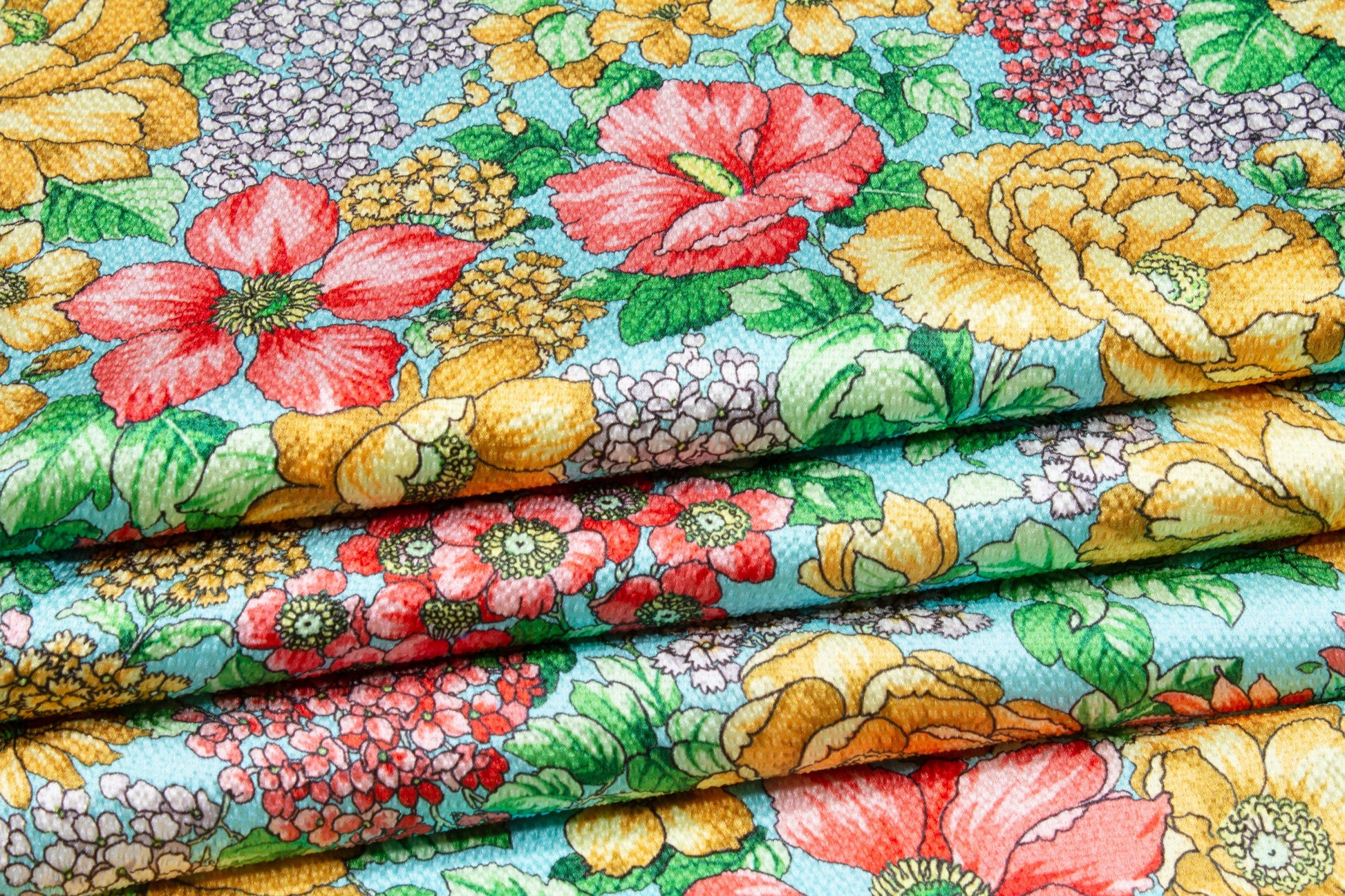 Tropical Floral Printed Stretch Cotton Sateen - Blue/Green/Red