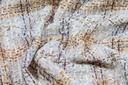 Italian Checked Wool Tweed Boucle - Off White, Yellow, Blue - Prime Fabrics